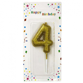 Купить Свеча-цифра в торт «4» золотая с глиттером 6 см оптом